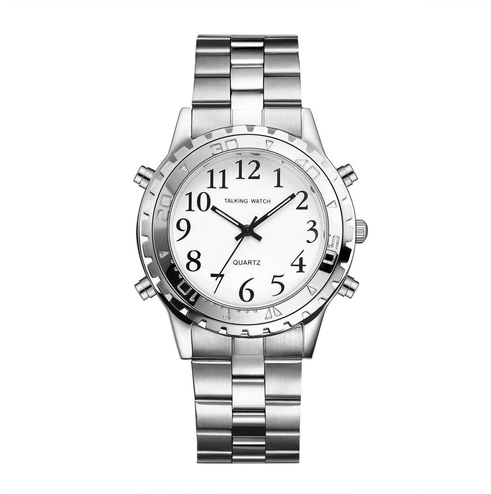 Mens English Time Talking Alarm Elderly Blind Quartz Wrist Watch Stainless Steel