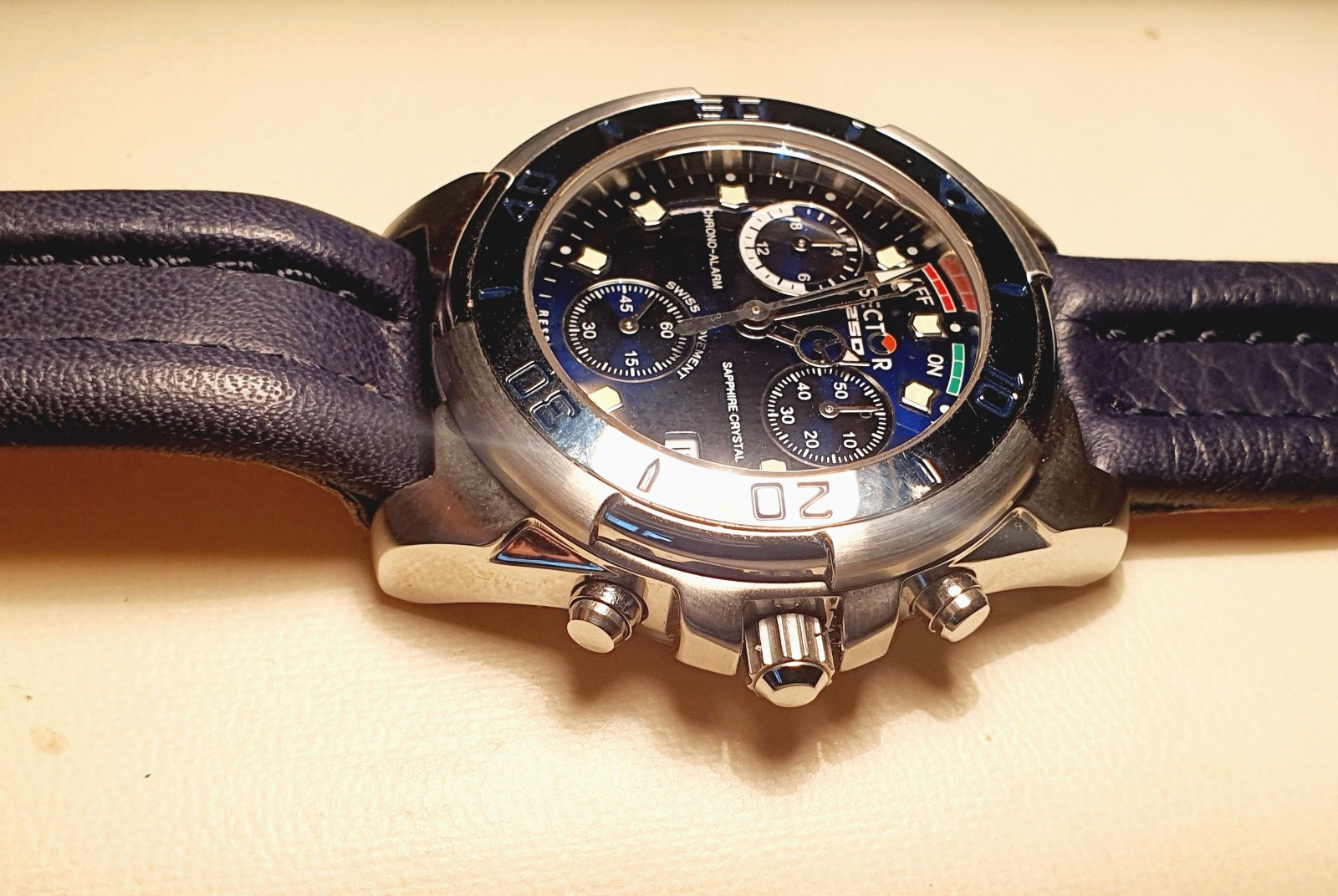 New Sector 250 Chrono Alarm Blue Steel Sapphire Crystal 100Mt Swiss Watch