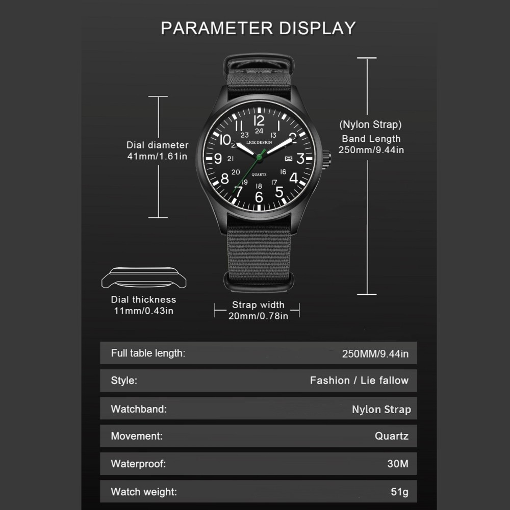 LIGE Men Watch Quartz 24Hours Nylon Band Luminous Waterproof Casual Wristwatch