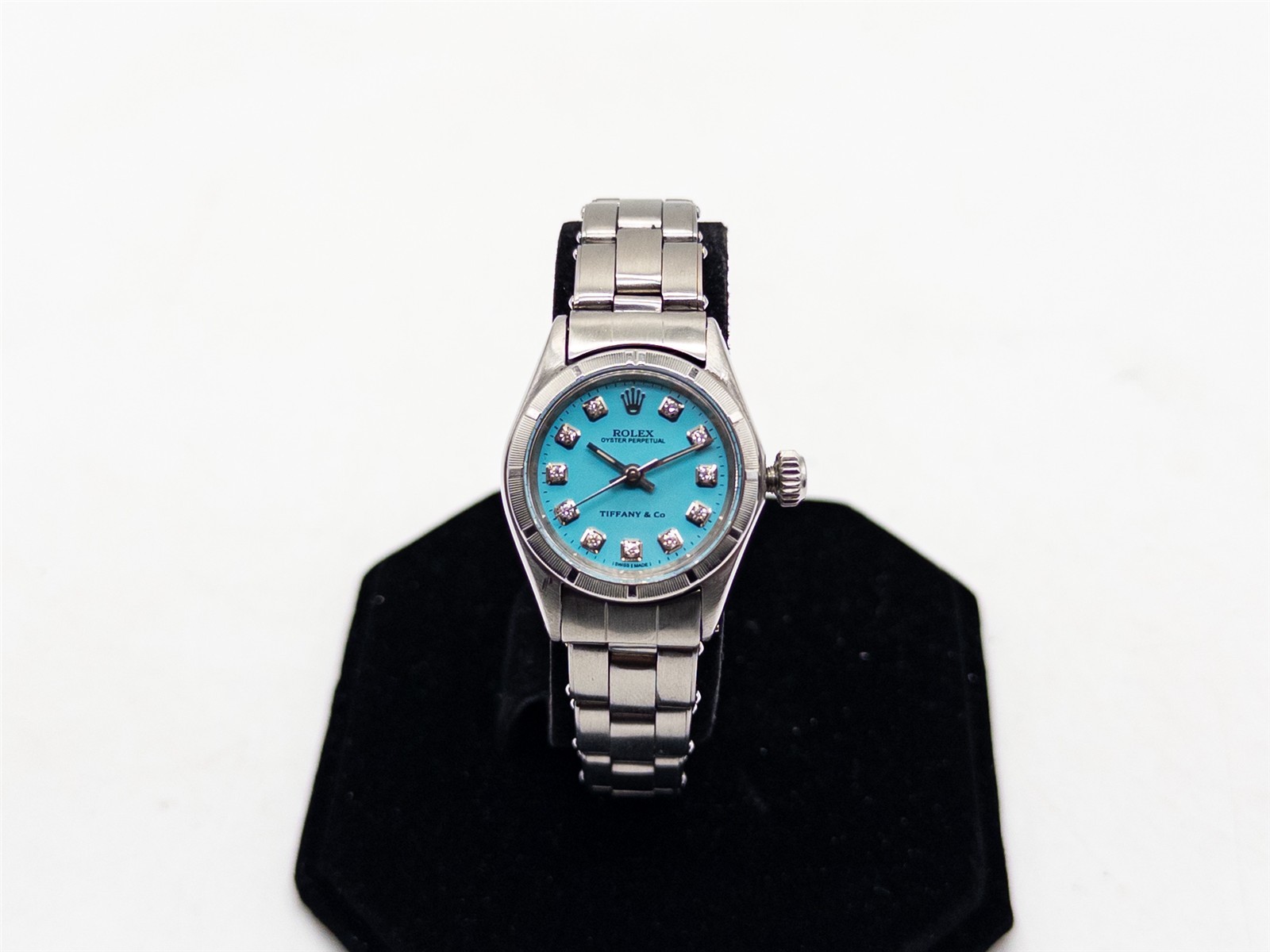 $9000 Rolex BLUE Tiffany & Co Diamond SS Ladies Oyster Perpetual Watch SERVICED