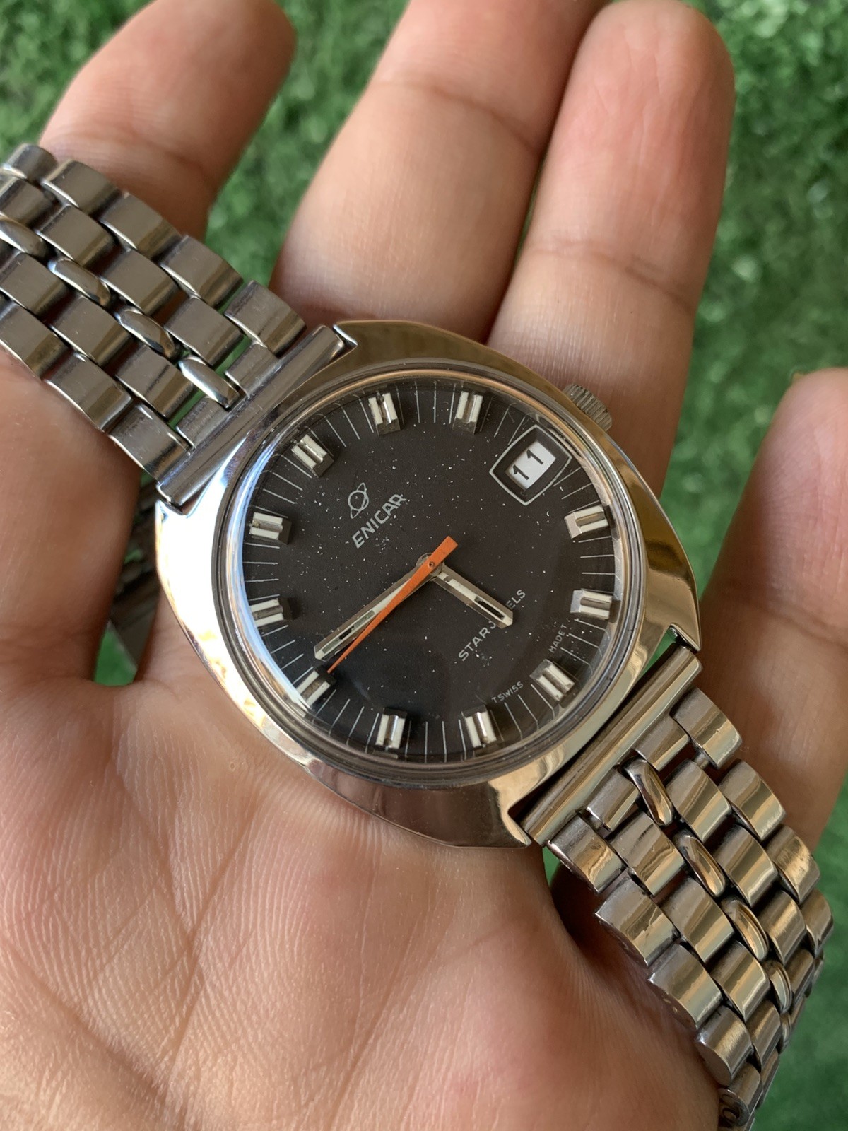 Vintage Enicar Ocean Pearl Watch Stainless Steel Star Jewels Dial 36mm Men 1960s