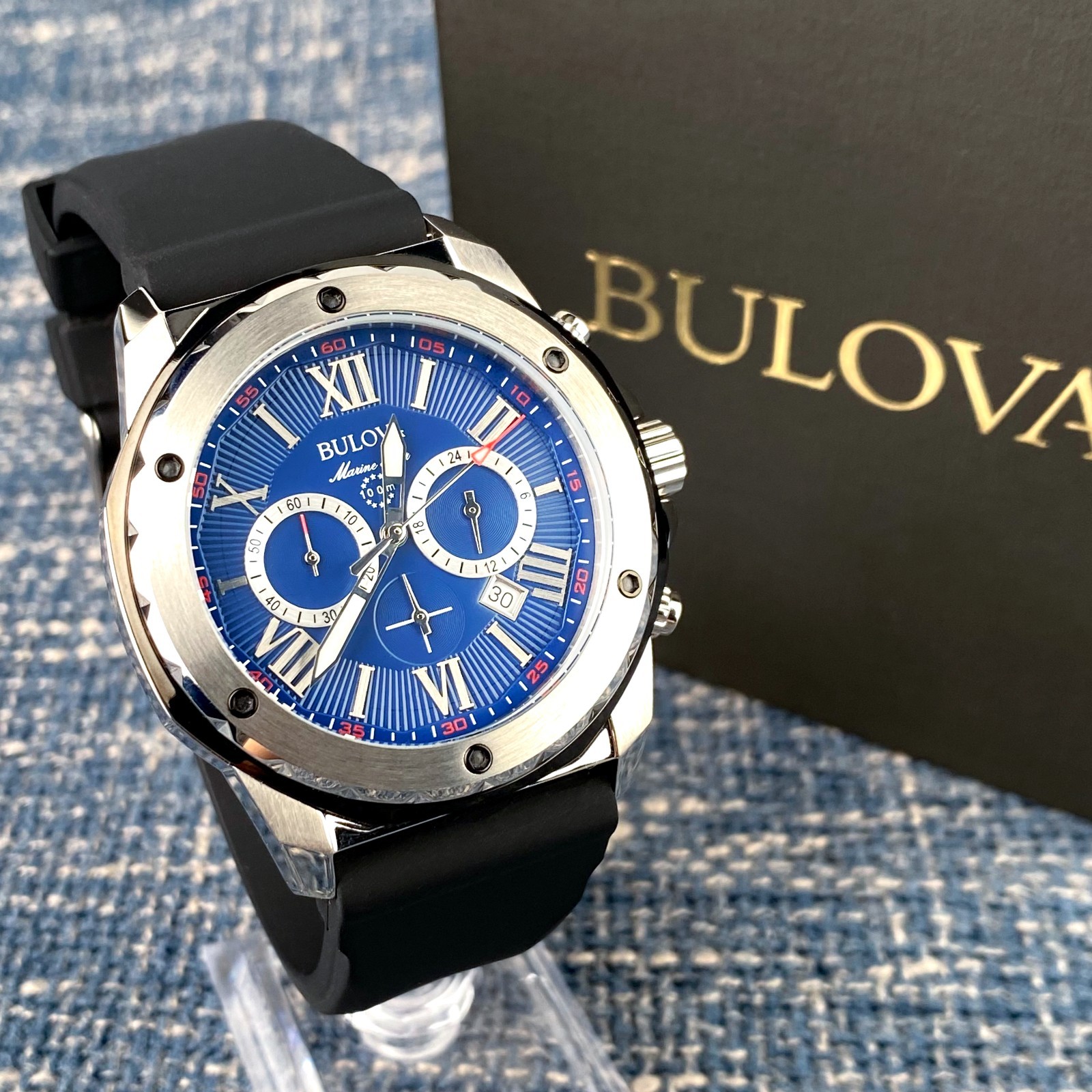 Bulova Marine Star 98B258 Blue Dial Black Rubber Strap Quartz Men’s Watch