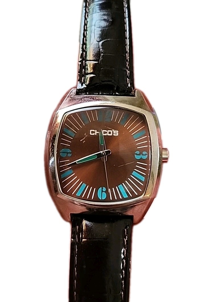 Men’s / Women’s Blue Brown Square Chico’s Watch Black Faux Leather Silver Case