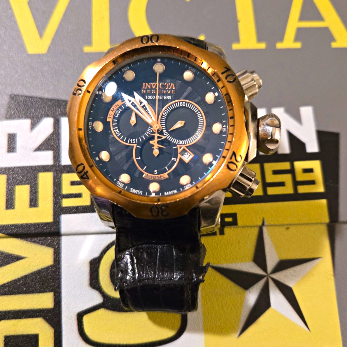 Invicta Reserve Men’s Quartz Chronograph Black Dial Leather Strap 52mm 1000m