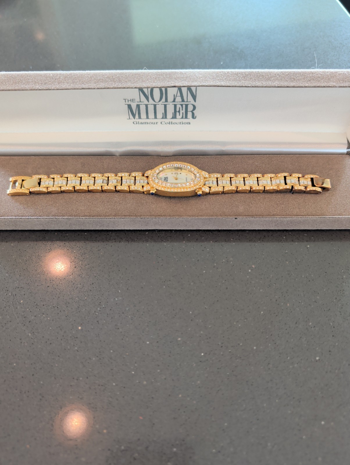 Nolan Miller Glamour Collection Gold Tone Clear Crystal Watch Needs Battery Q153
