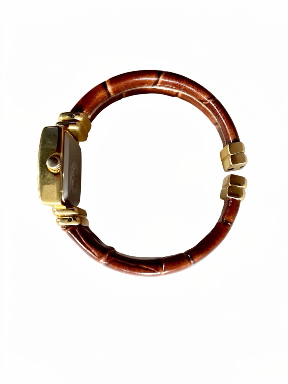 Vintage Gold Square Watch Brown Leather Mother of Pearl MOP Dial Dainty Minimal