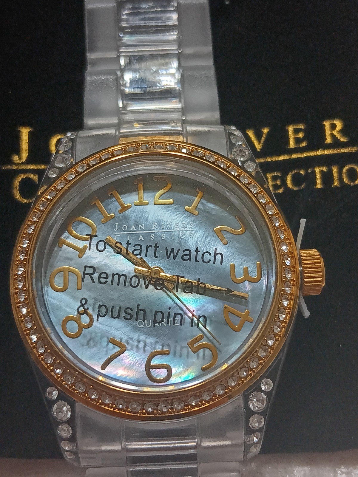 NIB Joan Rivers Classic Collection Clear Acrylic Crystal Watch Blue MOP working