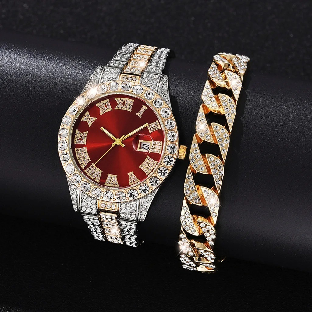 2PCS Men’s Quartz Watch & Bracelet Set Full Diamond Steel Band Roman Dial