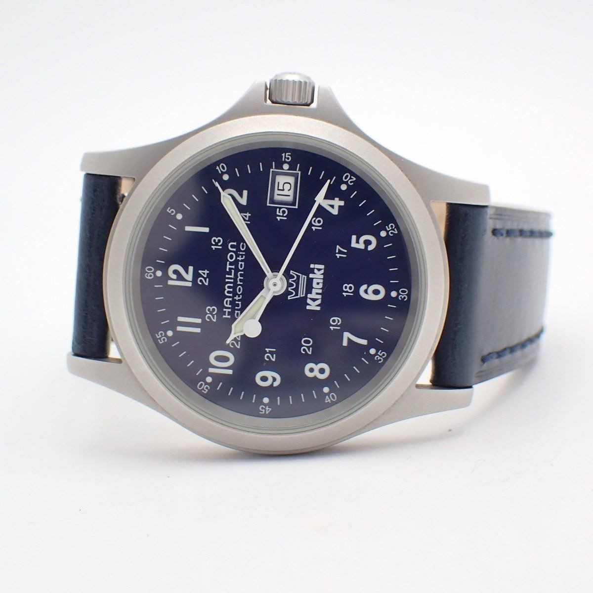 Hamilton Khaki King automatic men’s wristwatch with crown mark blue dial transpa
