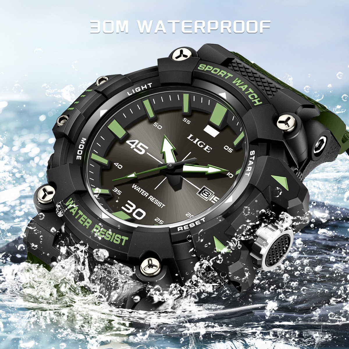 LIGE Men Watch Quartz Date Analog Luminous Waterproof Diver Sport Man Wristwatch