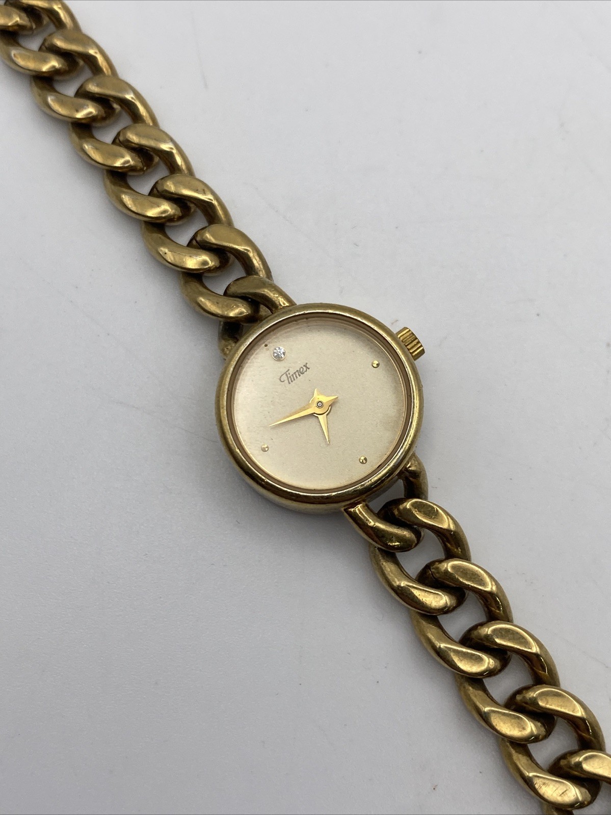 VINTAGE TIMEX QUARTZ WATCH WOMENS TAN DIAL CHAIN BAND GOLD TONE NEW BATTERY 6”