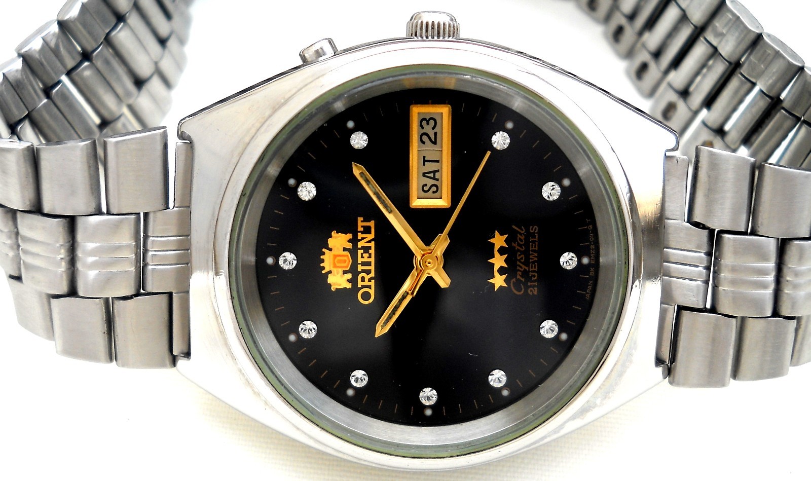 Vintage Orient 3 Star Crystal Automatic Black Blue Sunburst Dial Watch 21J Japan