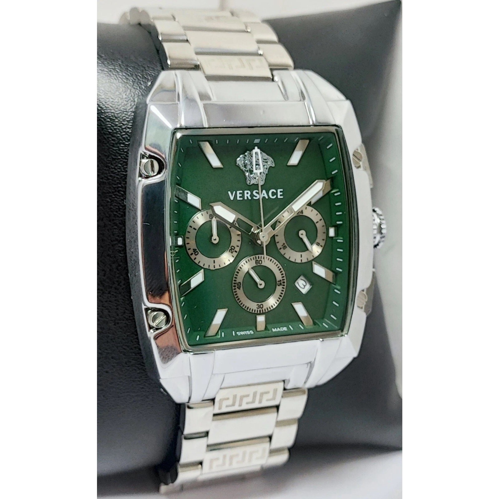 Versace Luxury Chronograph Men Green Dial Stainless Steel Band Quartz Wristwatch