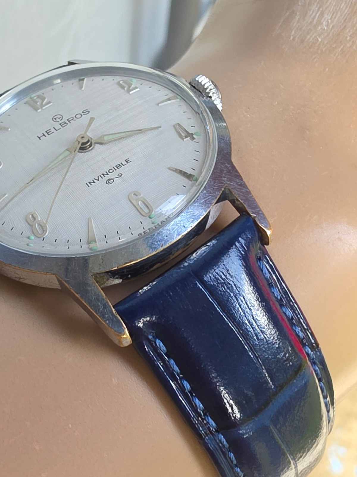 Vintage HELBROS men’s manual wind watch Linen dial PUW 61 Germany 1950s