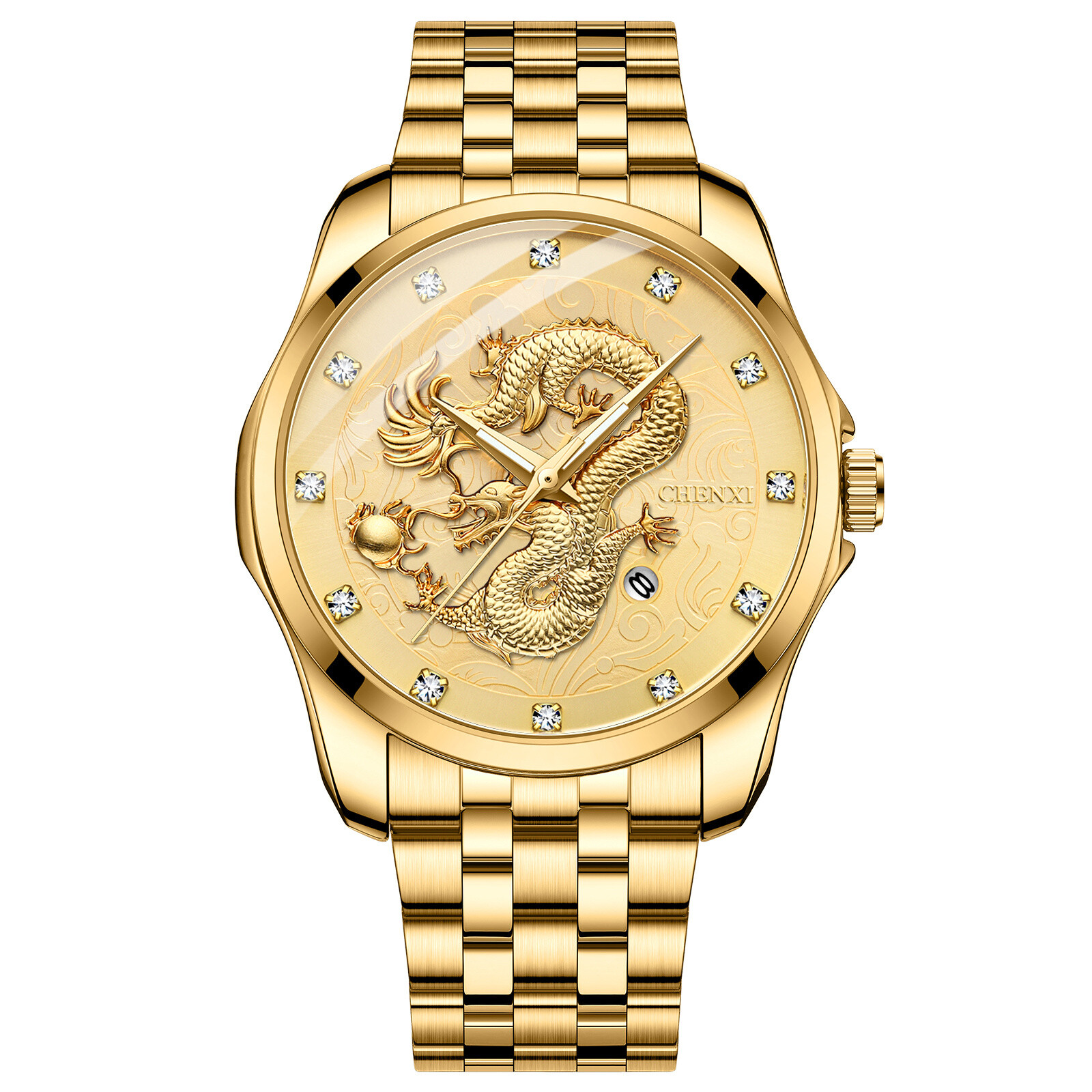 Mens Luxury Stainless Steel Dragon Analog Quartz Wrist Watch Waterproof Luminous