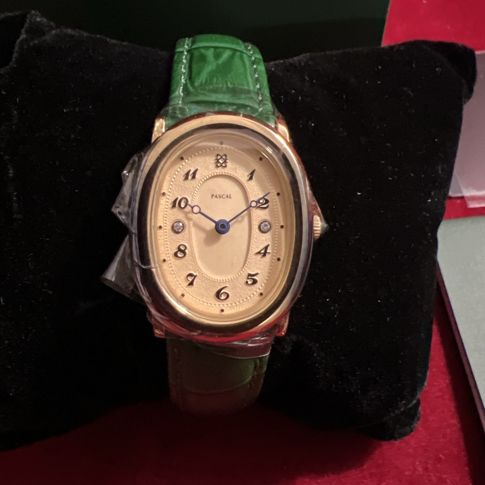 PASCAL Oval Bubble Diamond 24mm Women’s Watch Gold-Tone/Beige Dial/Green Strap