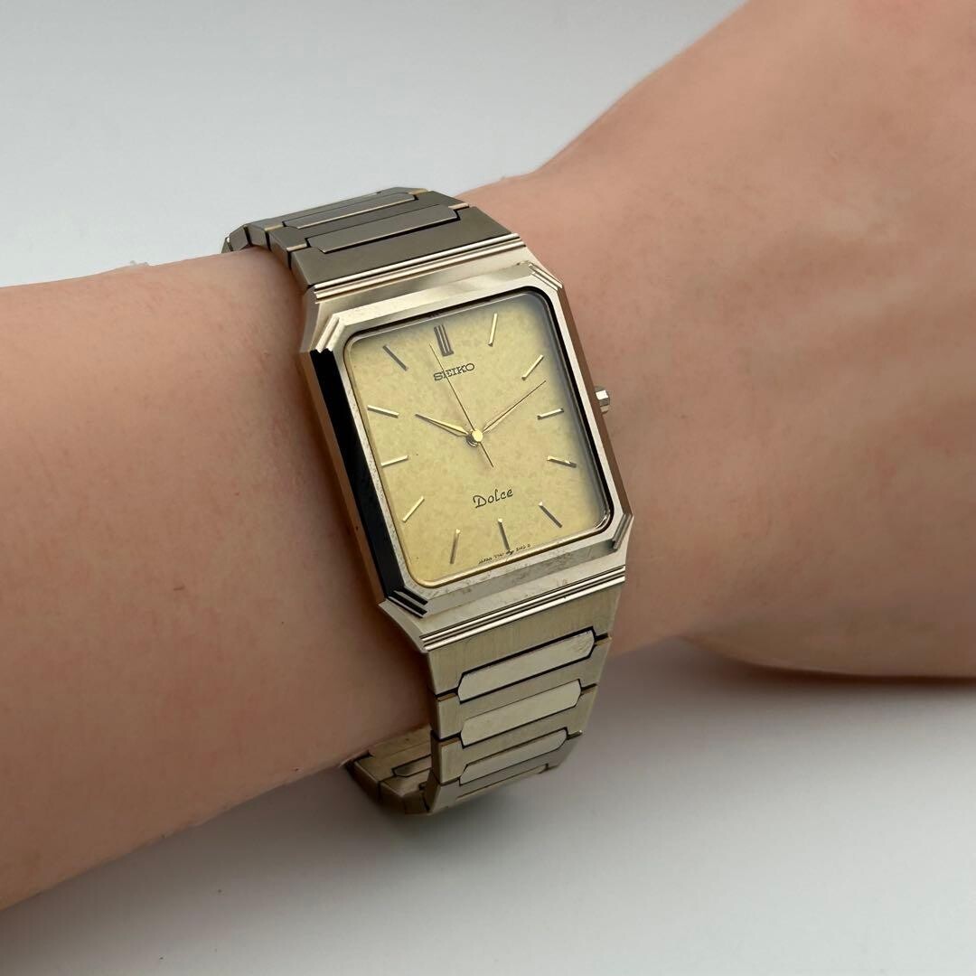 SEIKO Dolce 7741-5120 Quartz Gold Tone Rectangular Vintage Mens Watch Japan