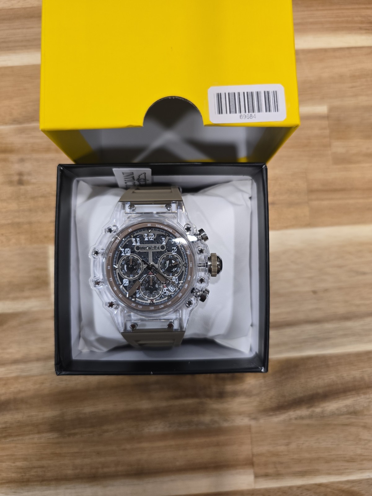 Invicta Racing Vaulthan Men’s Watch 69684 44mm Clear W/Khaki Band New!!