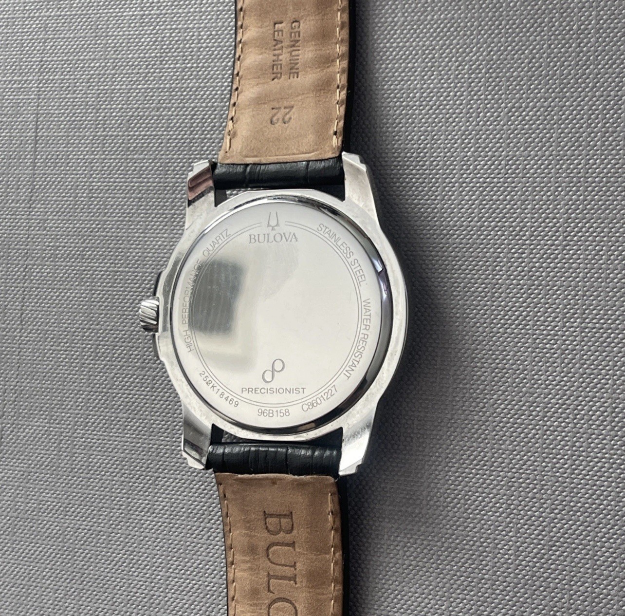 Bulova Precisionist Gray Dial Silver Tone Black Leather Band Men’s Watch 96B158