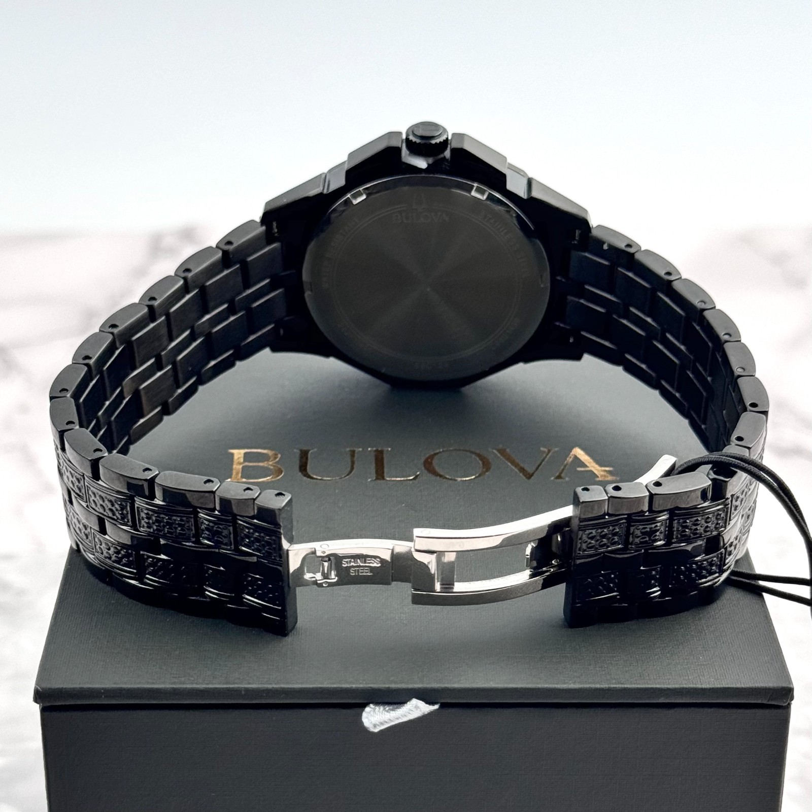 Bulova Octava Crystal Black Pave Dial Stainless Steel Quartz Men’s Watch 98C134