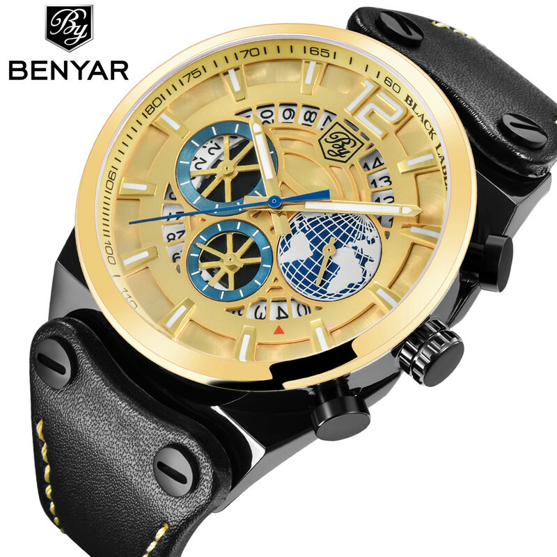 Luxury BENYAR 5141M Men Quartz Watch Chronograph Date Waterproof Rubber Leather