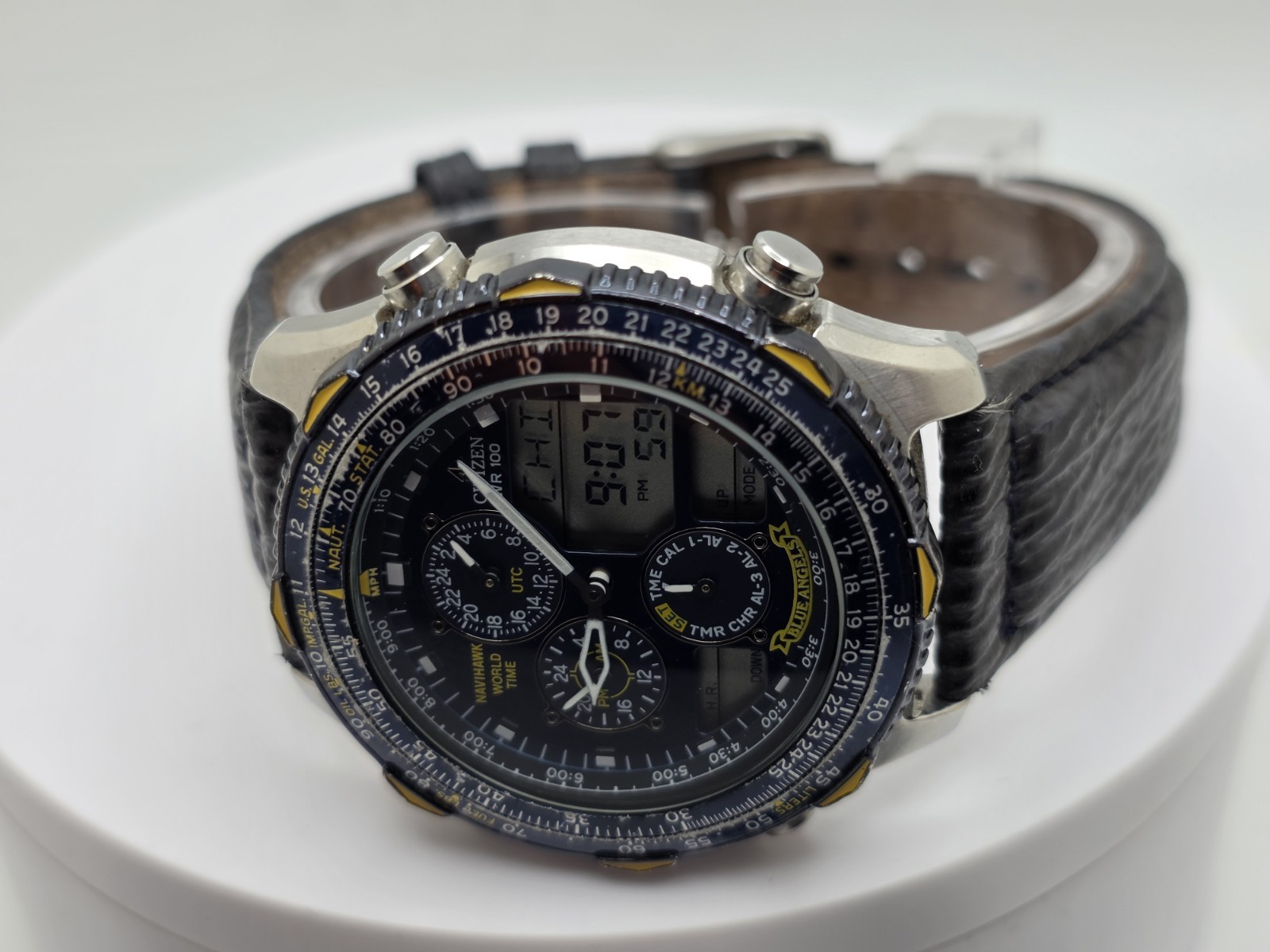 CITIZEN NAVIHAWK BLUE ANGEL C300 WORLTIMER GUN METAL QUARTZ MEN PILOT WATCH