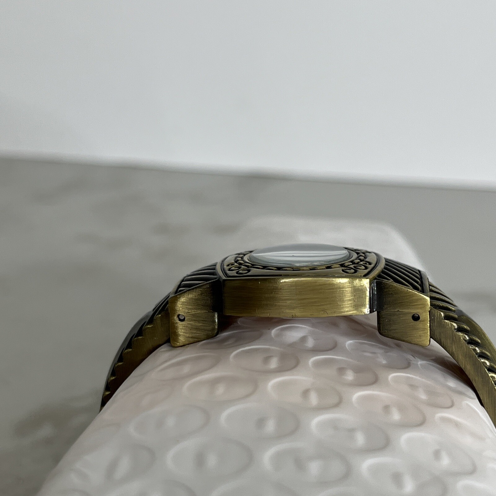 Geneva Watch Bronze Tone Carved Open Cuff Bracelet No. 2585 Stainless Steel