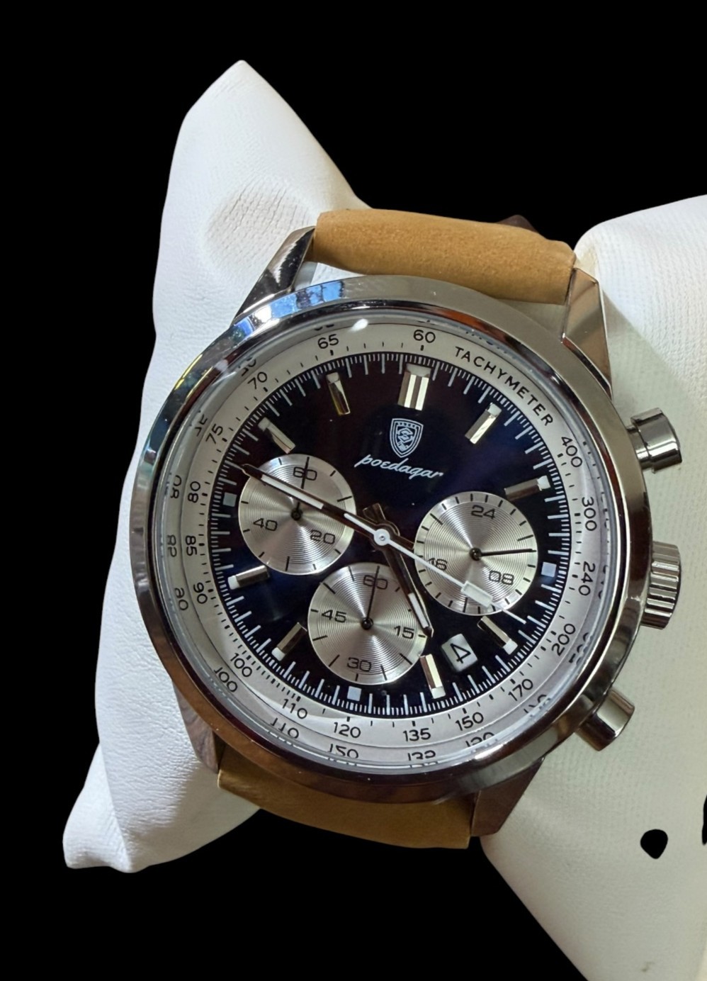 Poedagar Men’s Chronograph Quartz Watch Blue Dial Tan Leather Strap Tachymeter