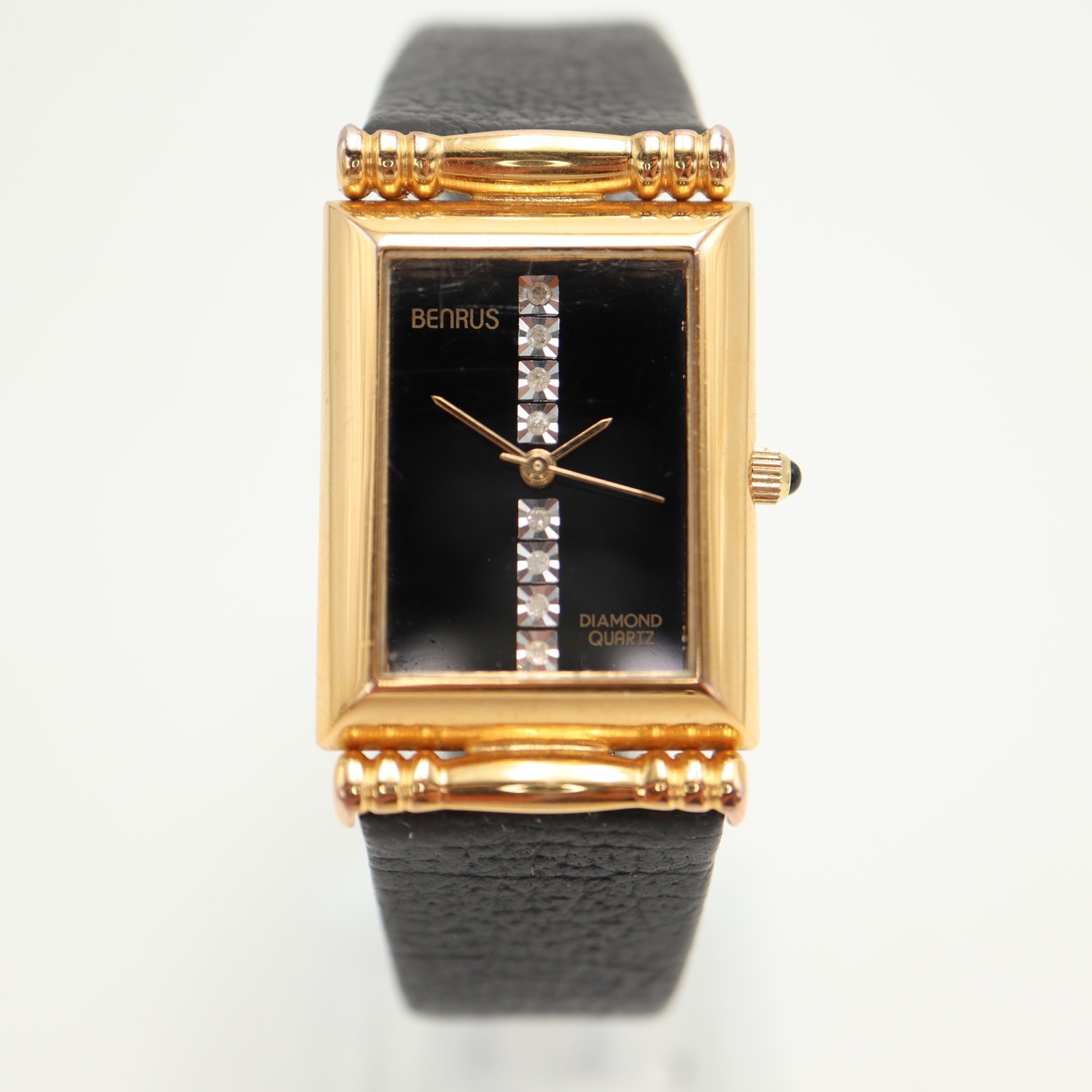 Vintage Benrus Diamond Tank Black Gold Tone 22mm Womens Watch w New Battery