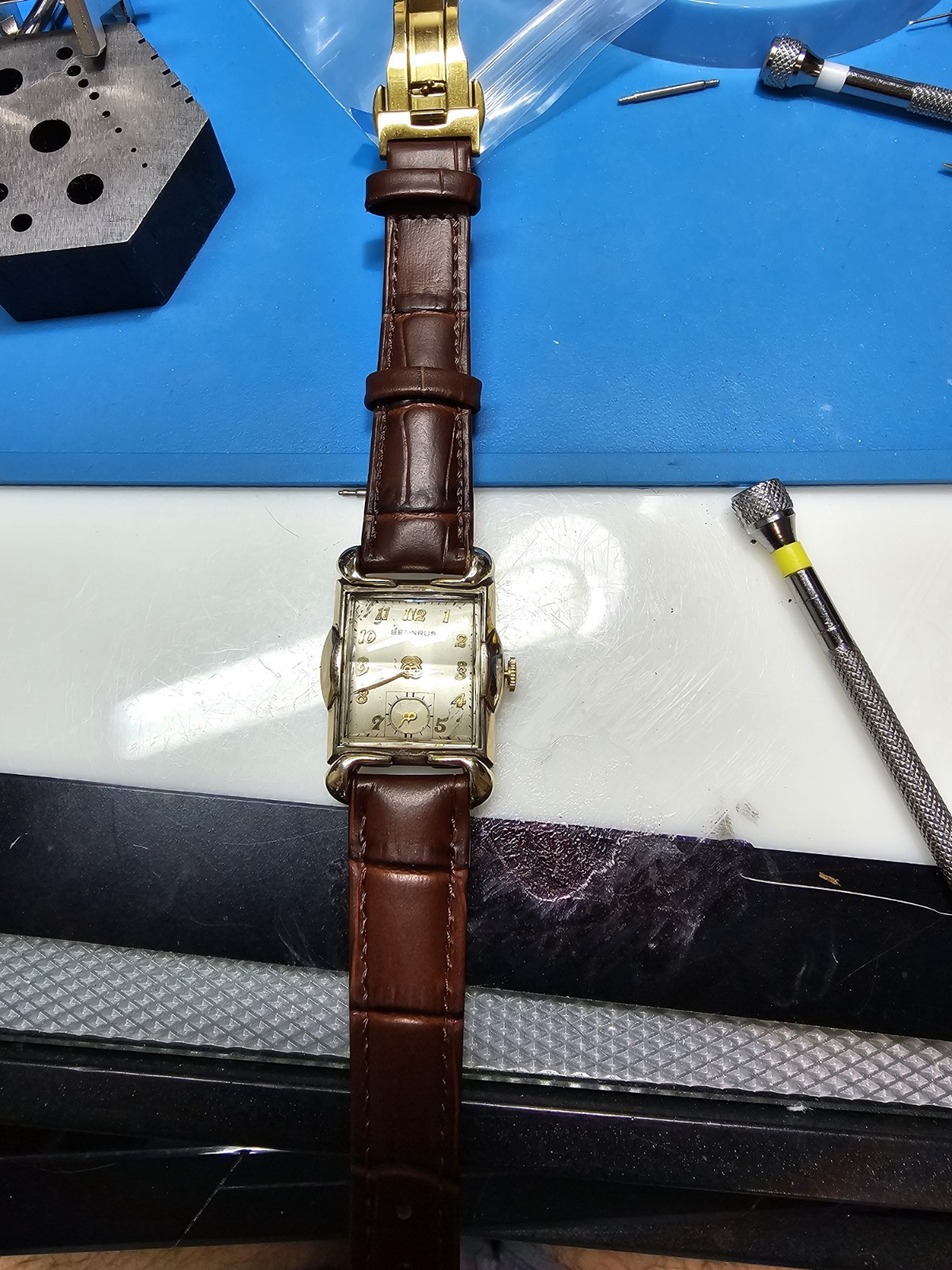 Benrus Tank Vintage 1940s Manual Wind Rectangle Dress Watch Silver Dial Brown