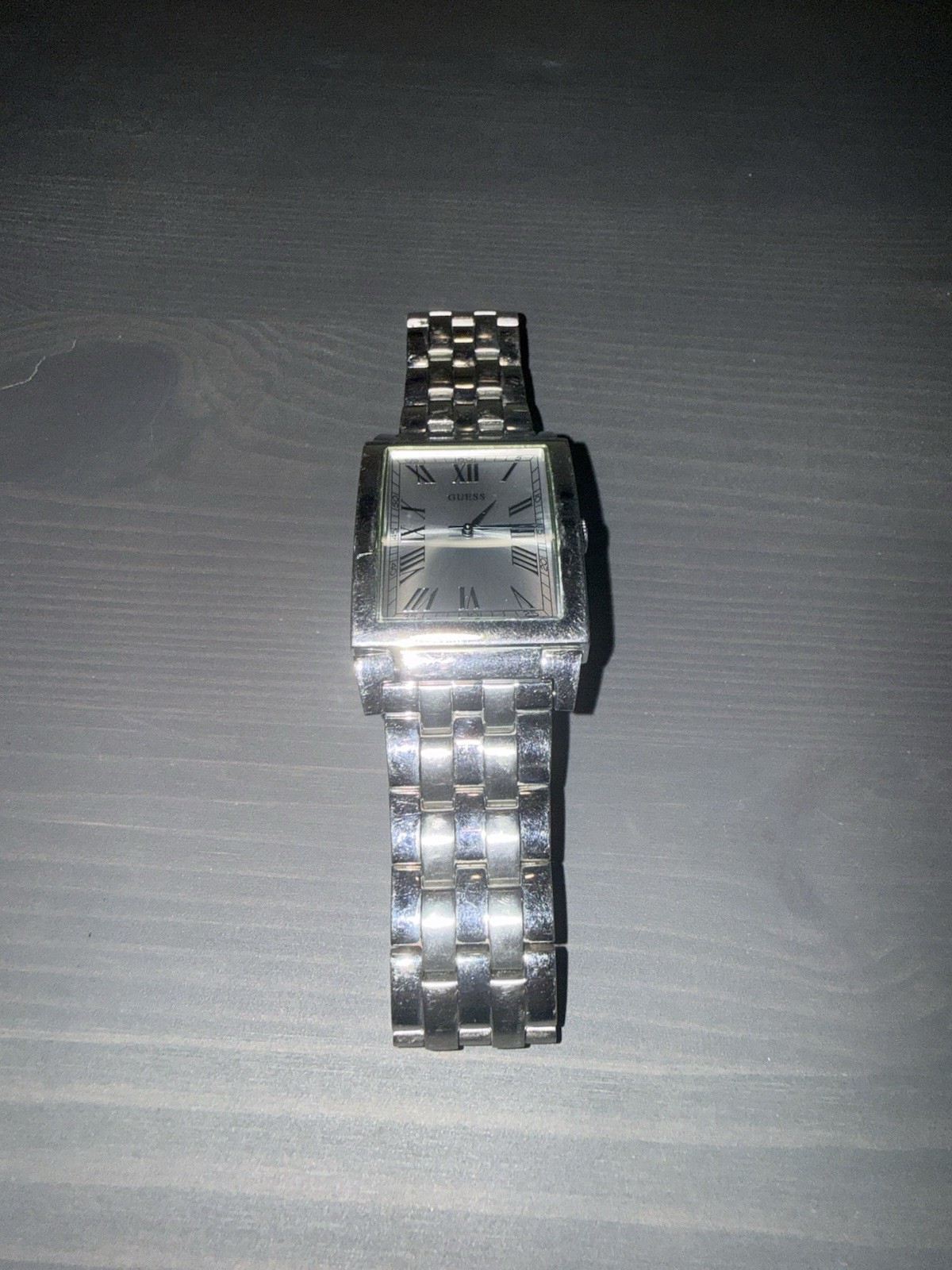 GUESS Silver Tone Rectangle Quartz Watch Roman Dial Stainless Steel Bracelet