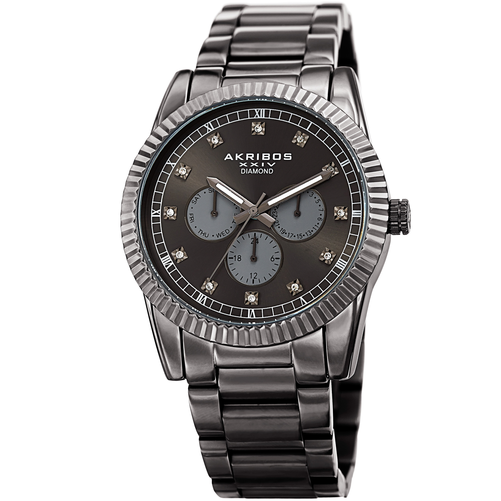 Men’s Akribos XXIV AK958GN Gunmetal 12 Diamond Hour Marker Bracelet Watch