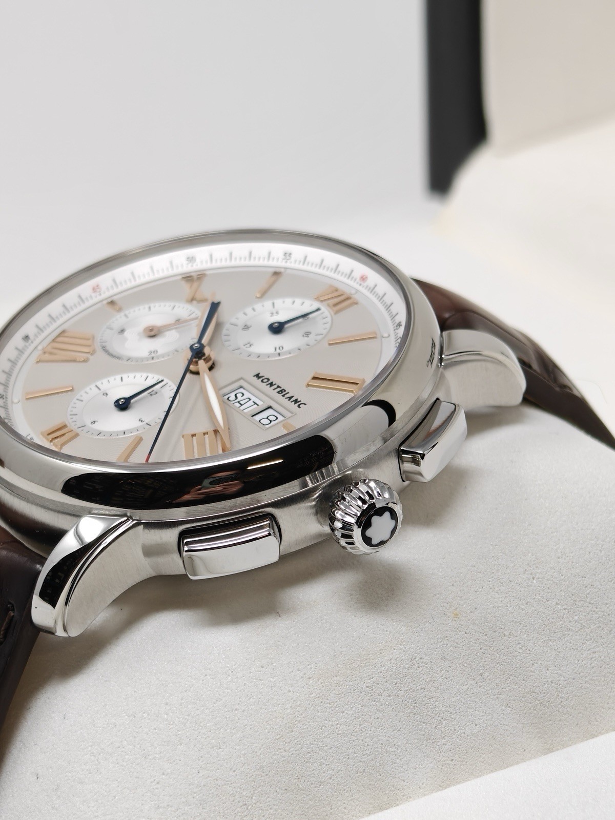 MontBlanc Star Legacy Day Date Chronograph Watch Brown Aligator Leather 126080