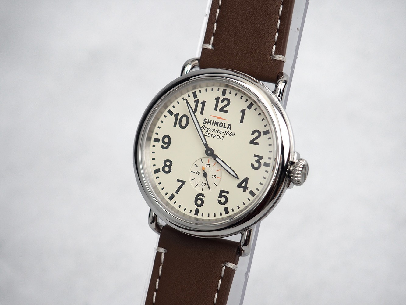 Men’s Shinola Runwell 47mm Cream Dial Brown Leather Strap Quartz Watch