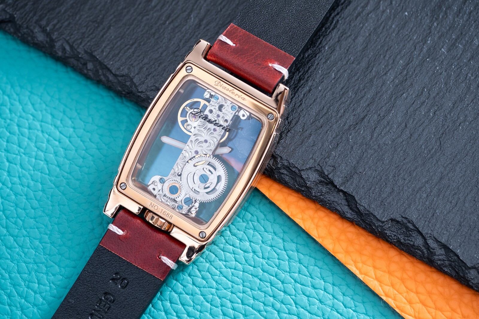 Mens Rose Gold Manual Mechanical Watch Dark Red Oil Waxed Vintage Leather Strap