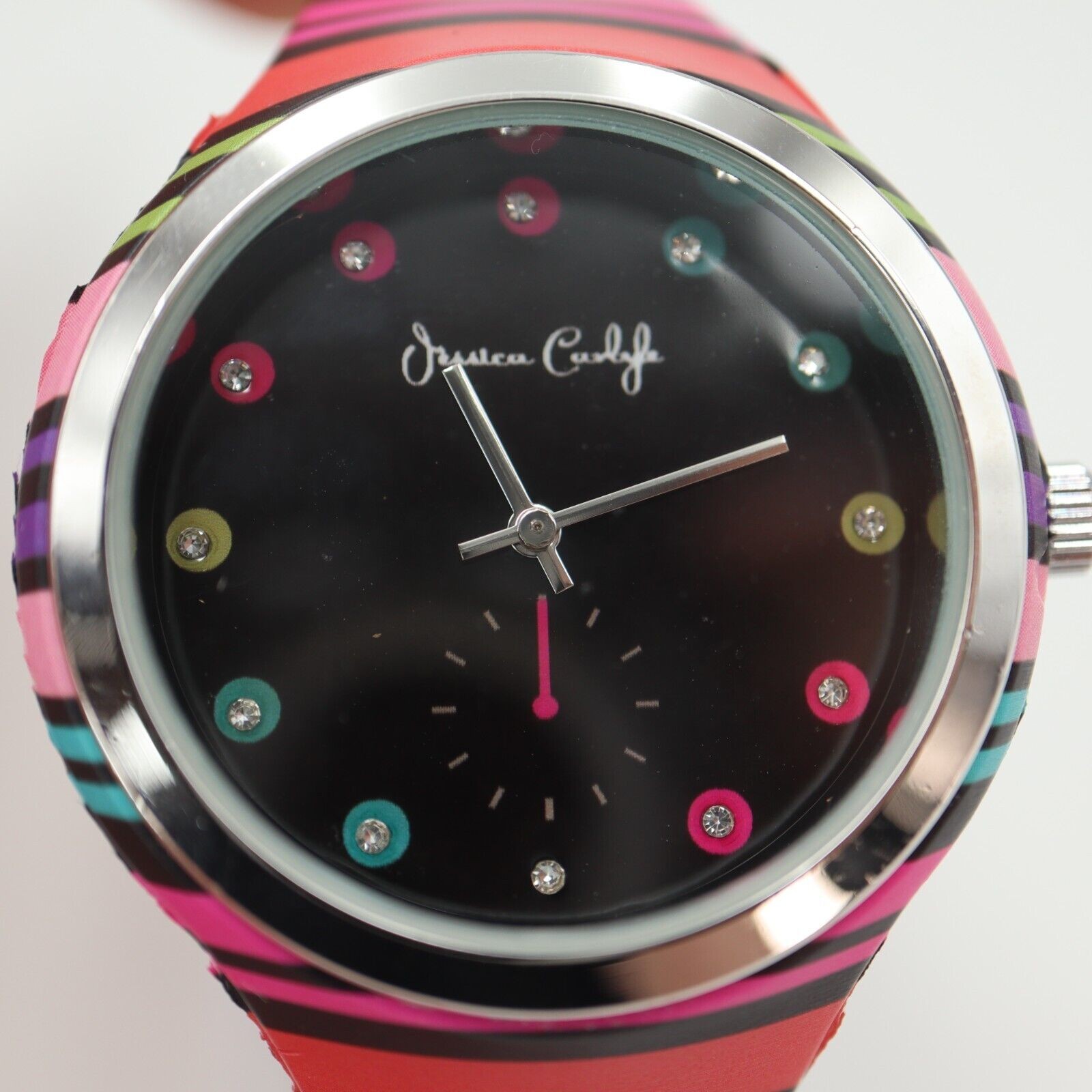 Jessica Carlyle Multicolor Watch 38mm Black Jeweled Dial Silicone Strap Working