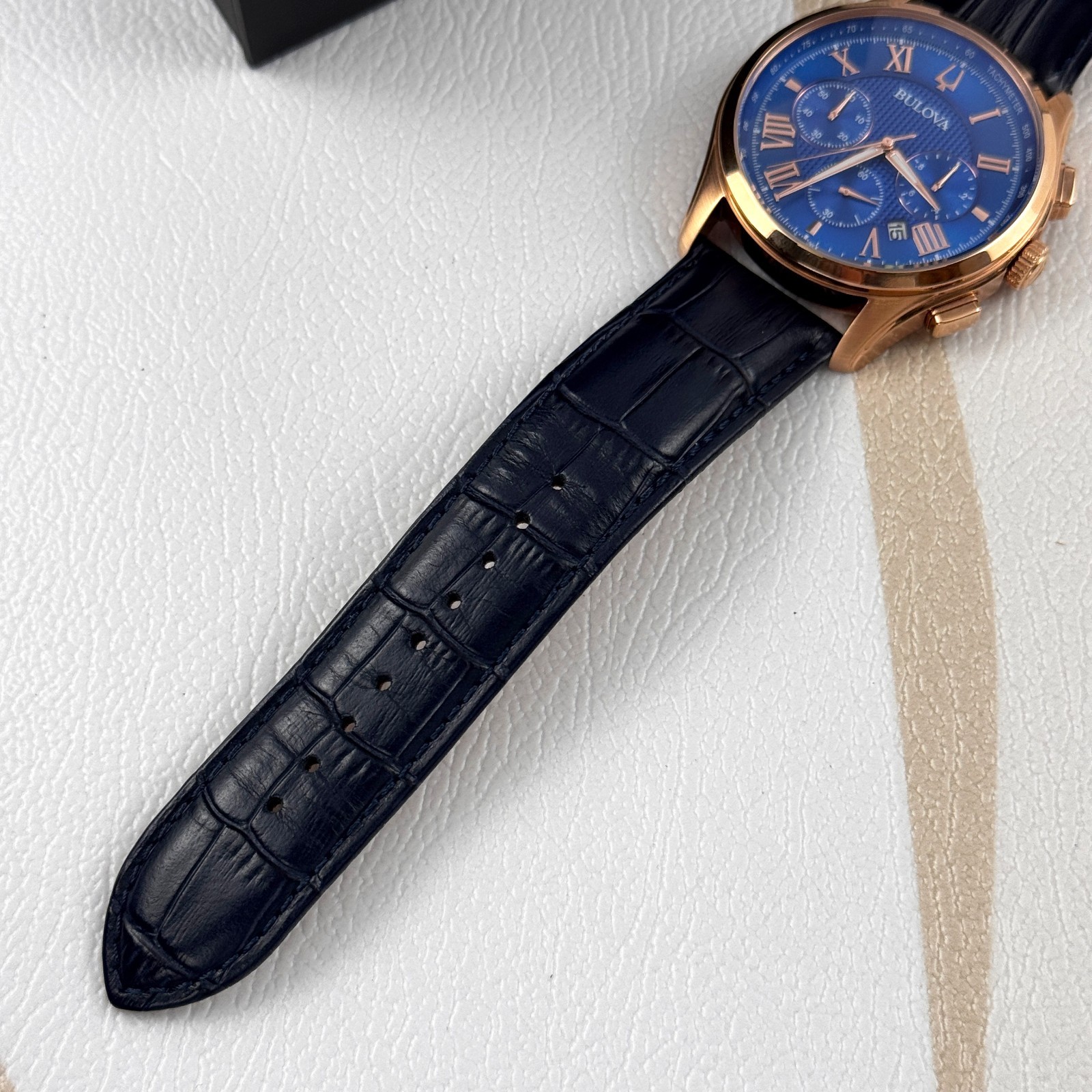 Bulova Men’s Classic Wilton 97B170 Blue Dial Leather Strap Quartz Watch 46.5 mm