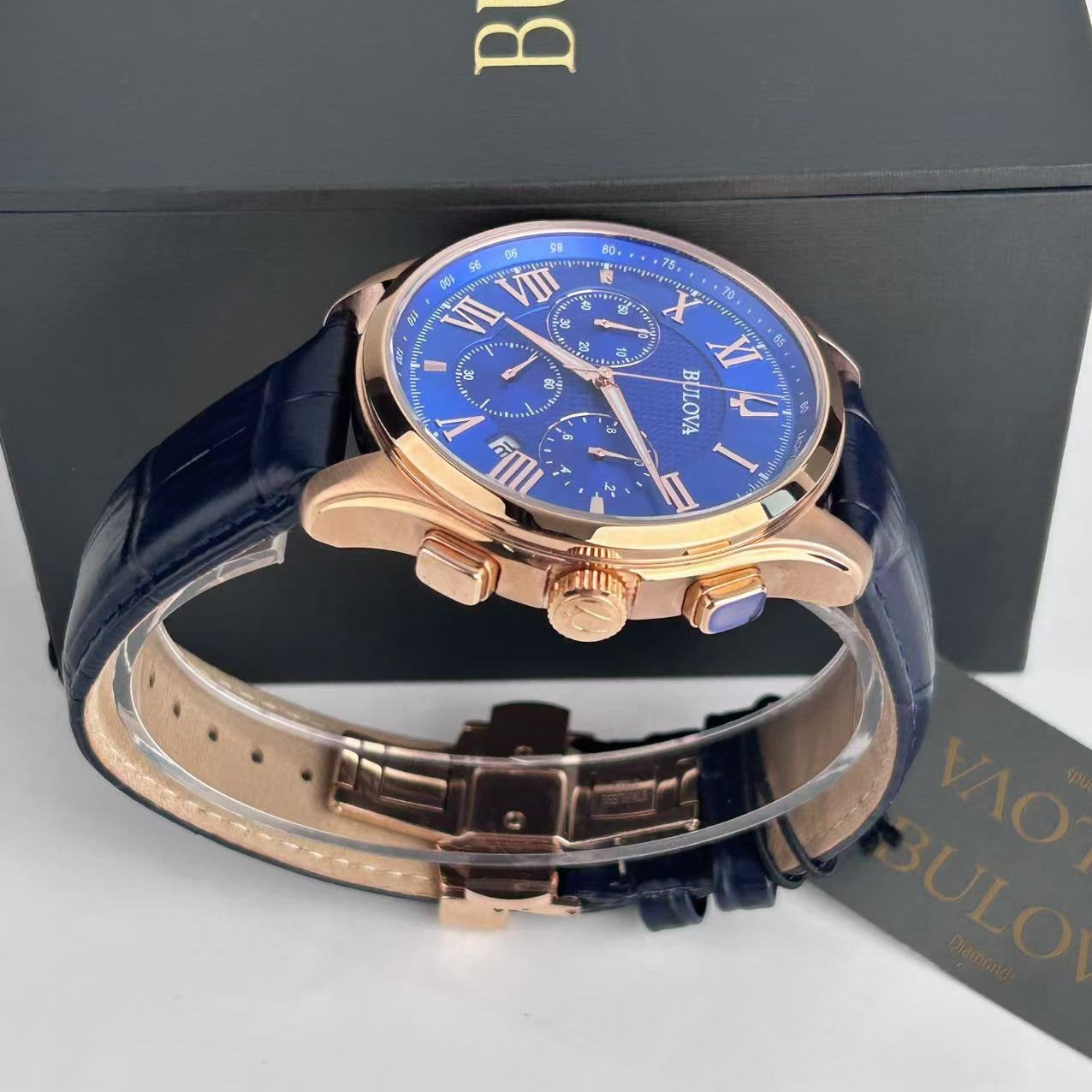 Bulova Wilton Classic 97B170 Blue Dial Leather Strap Men’s Quartz Watch 46.5 mm
