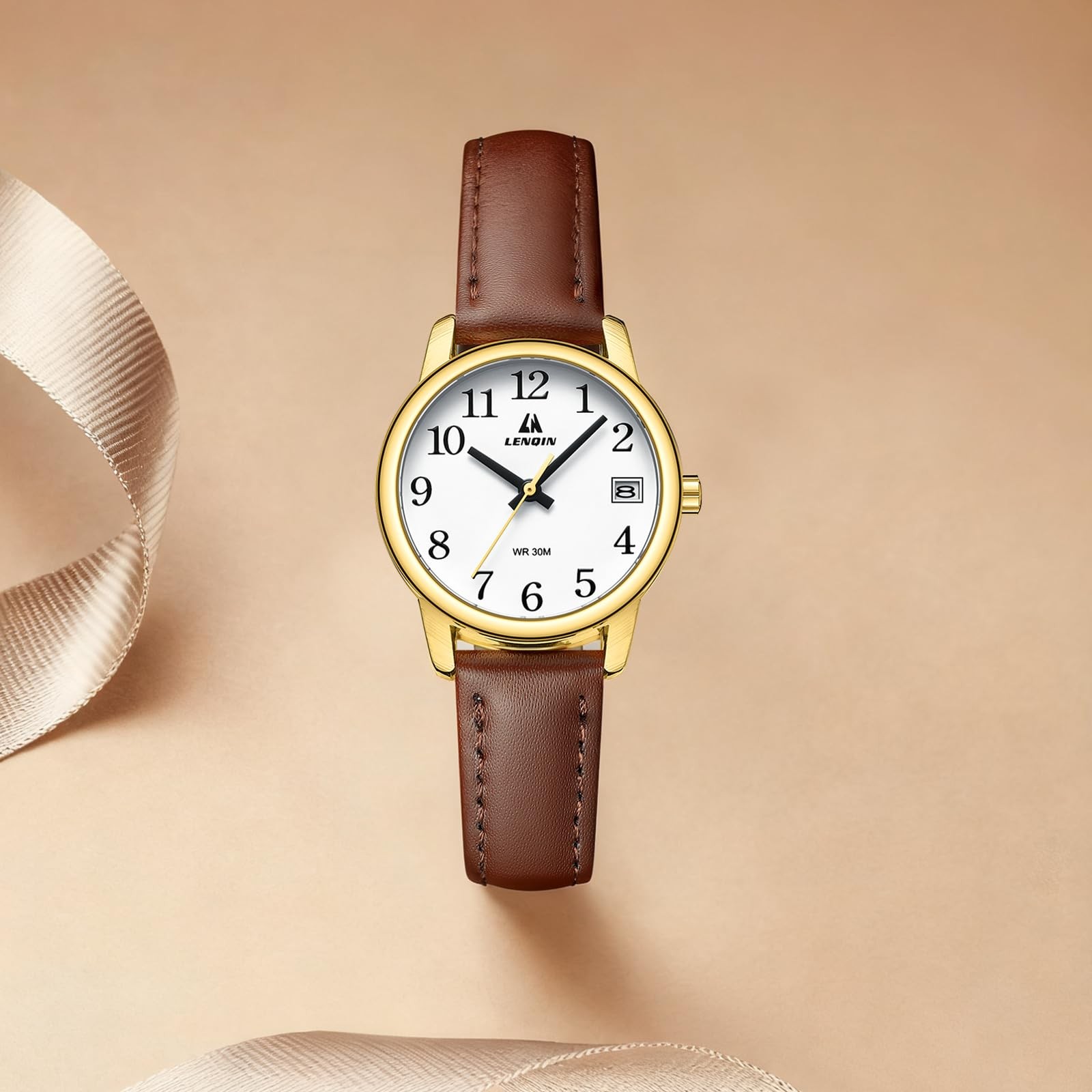 Women’s Analog Quartz Watch Dark Brown Leather Strap Easy Reader White 30mm 3ATM
