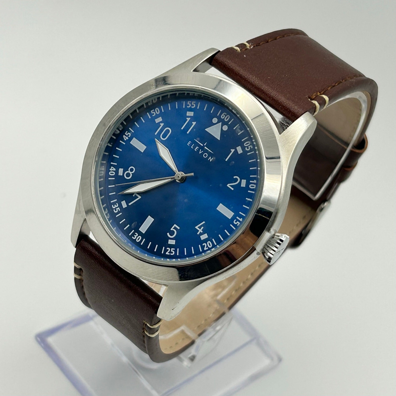 Elevon Silver-tone Case Blue Dial Brown Leather Men’s Watch Working New Battery