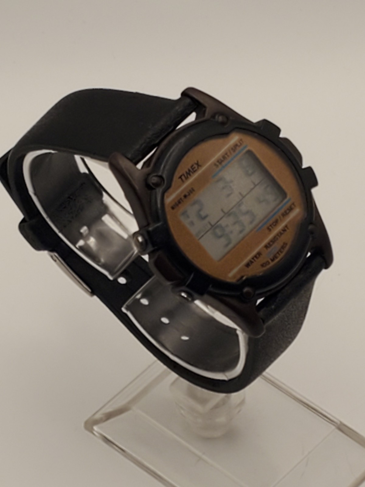 Timex Watch Men 100m Plastic Brown Light Alarm Date Black Rubber Band Quartz