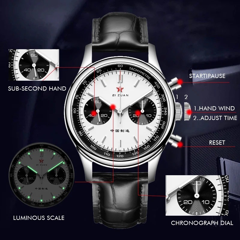 Red Star Panda Mens 1963 Chronograph Mechanical Wristwatch Seagull st1901 Moveme
