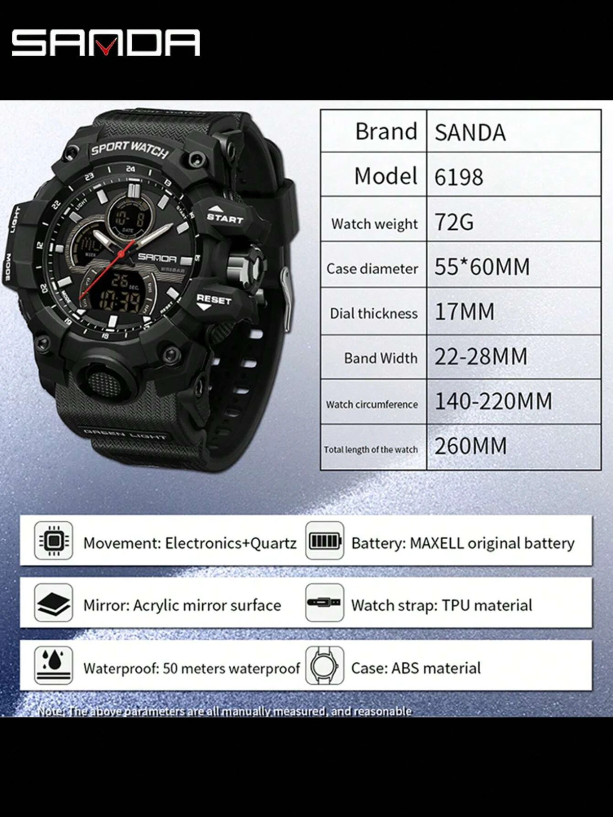 Orange Men Luxury Sports Watch Dual Display Waterproof Quartz Movement Stopwatch