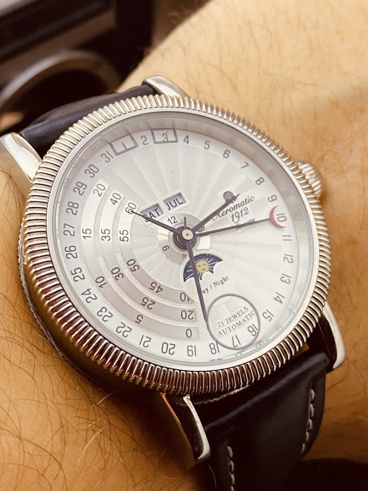 AEROMATIC 1912 GERMANY A1281 STAINLESS STEEL GENUINE LEATHER WRISTWATCH #7358