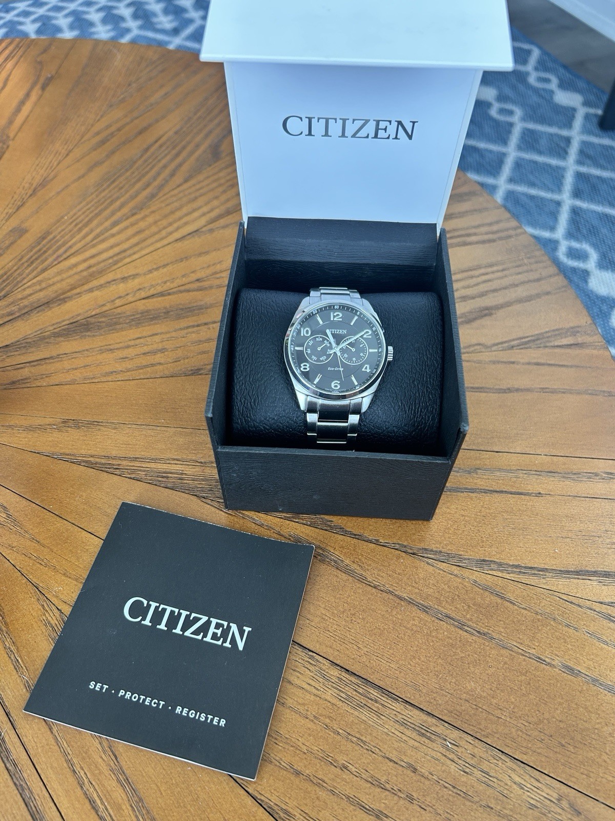 Citizen Eco-Drive Chronograph Quartz Black Dial Silver SS Bracelet 100m Box