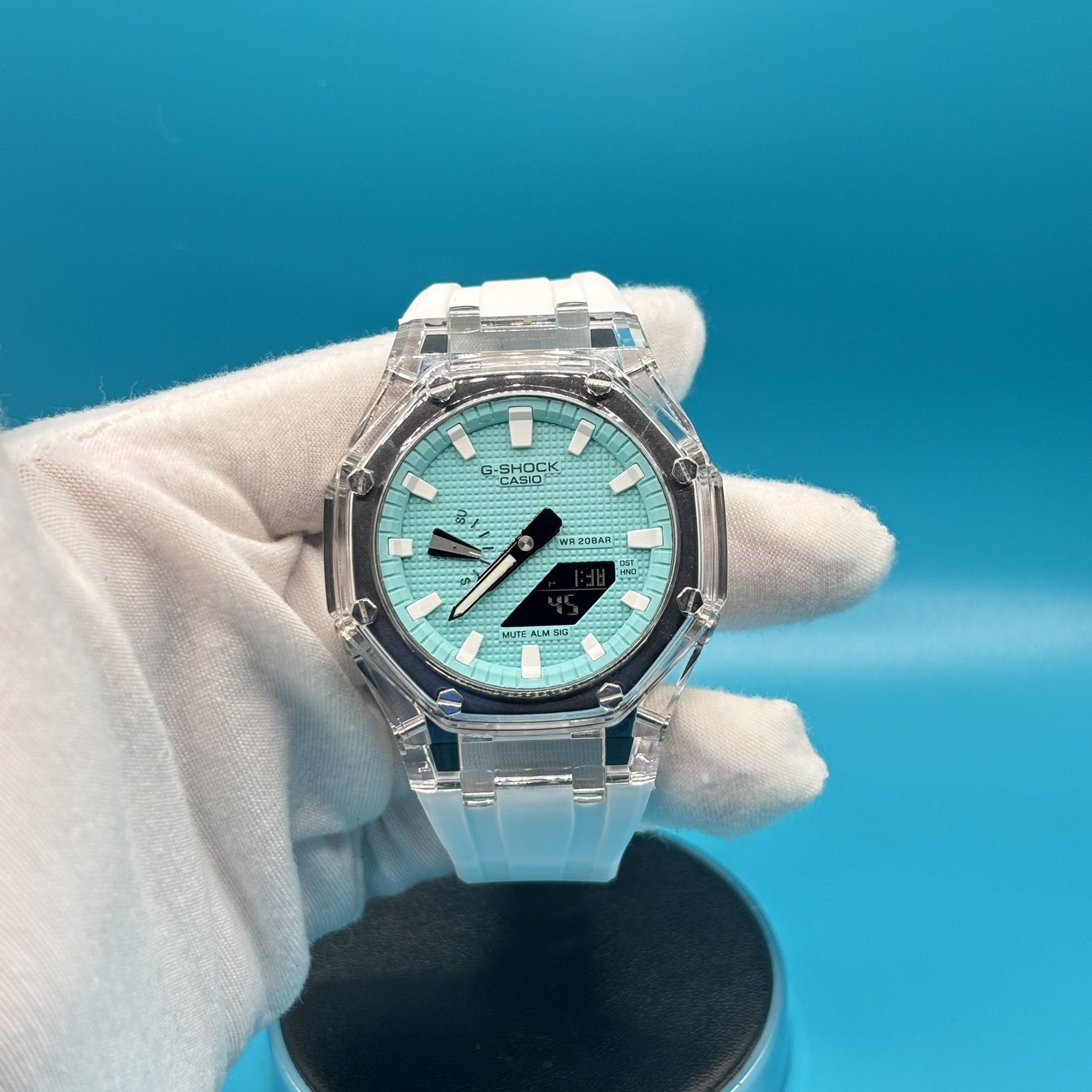 G-SHOCK 2100 Octagon Watch – Clear Case Sky Blue Dial & White Strap Ice Blue