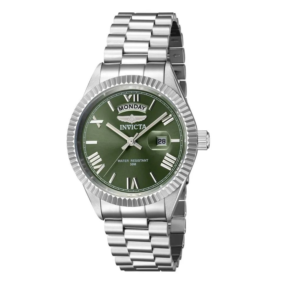 Invicta Specialty Quartz Green Dial Mens Watch Silver Tone Day/Date SS 43936