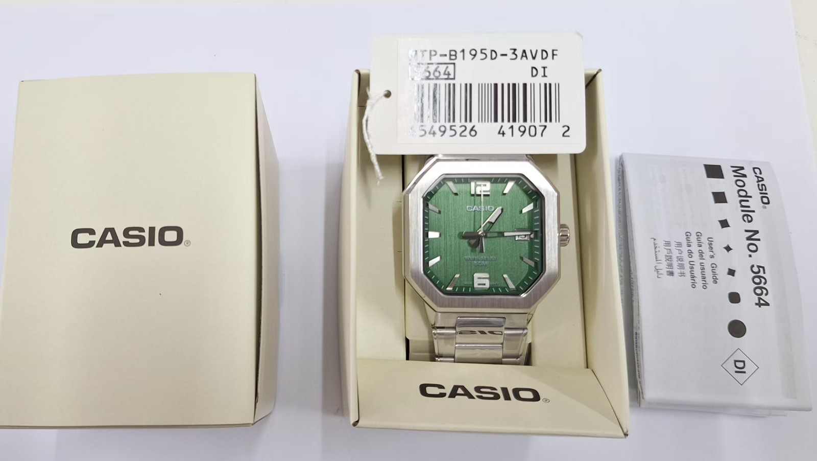 New CASIO MTP‑B195 Series MTP-B195D-3AV Green Dial Analog 38 mm Men’s Watch