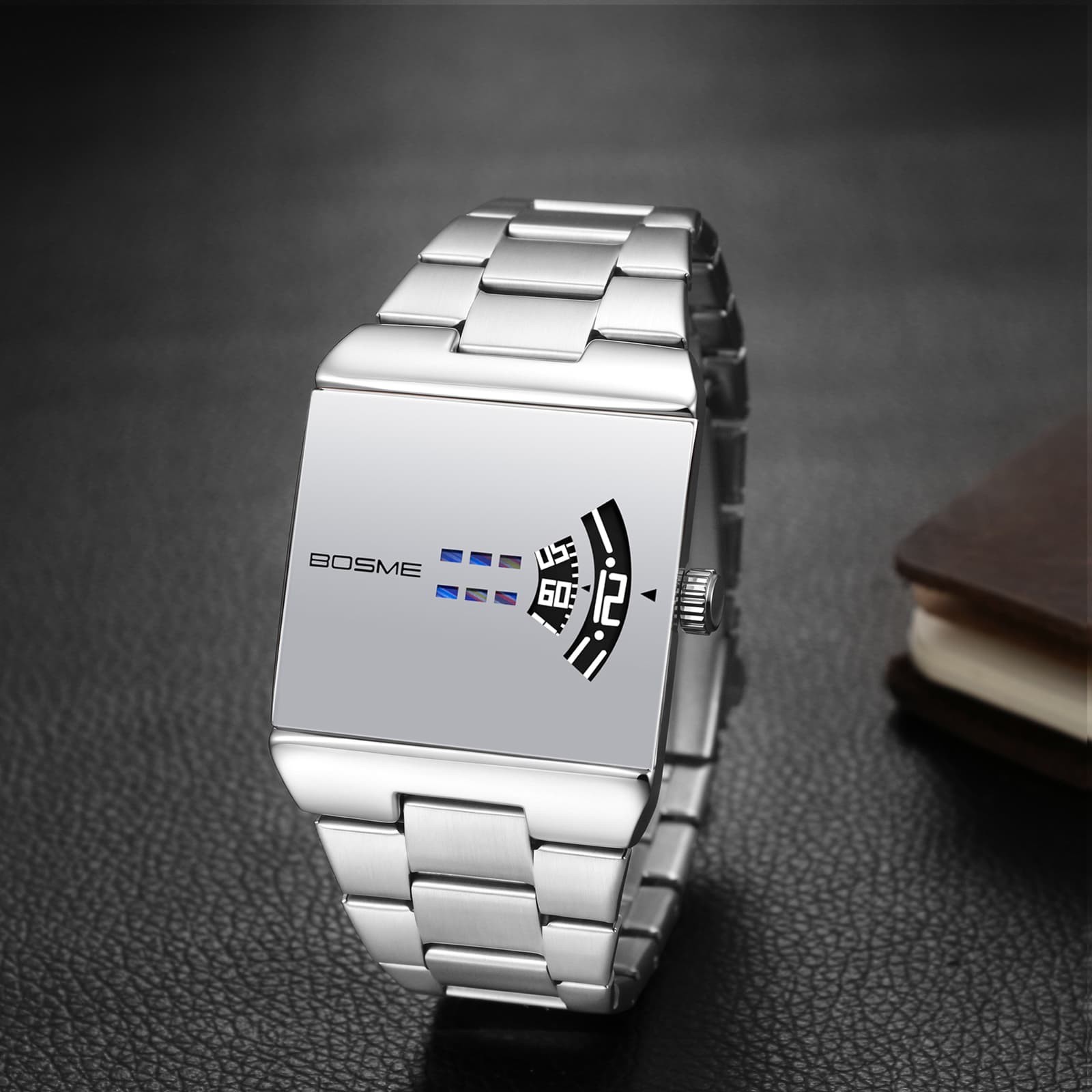 Mens Business Square Dial Creaitve No-Hand Jumping Hour Display Watch