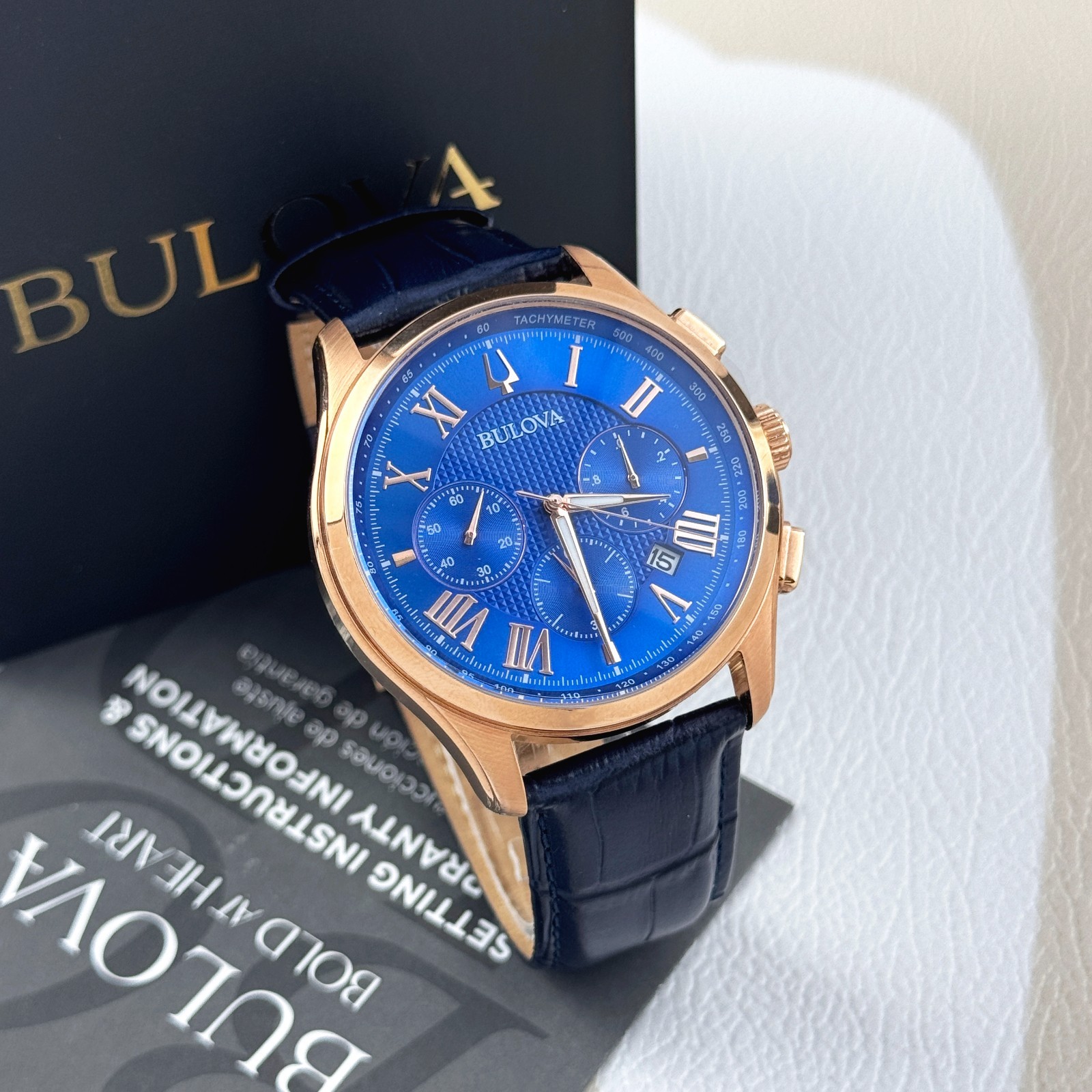 Bulova Men’s Classic Wilton 97B170 Blue Dial Leather Strap Quartz Watch 46.5 mm